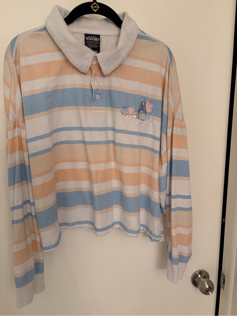 Totoro Pastel Stripe Long-Sleeve Polo - Blue & Cream & Peach